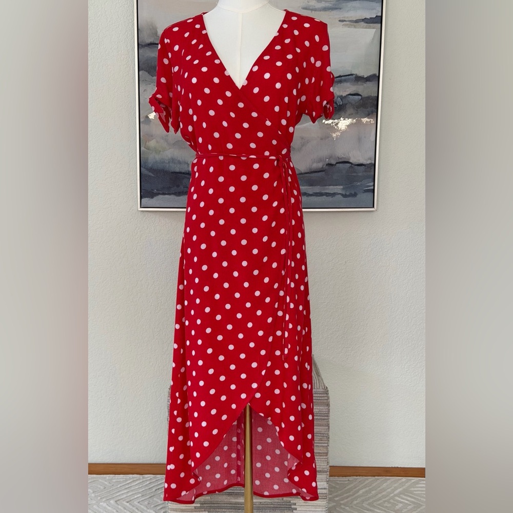 Divided H&M Red Asymmetrical Polka Dot Wrap Dress